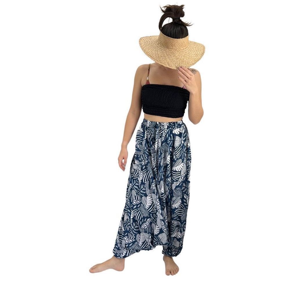 Apau ~ Gender Fluid Alladin Gypsy Pants Blue White Tropical Floral Leaf Design